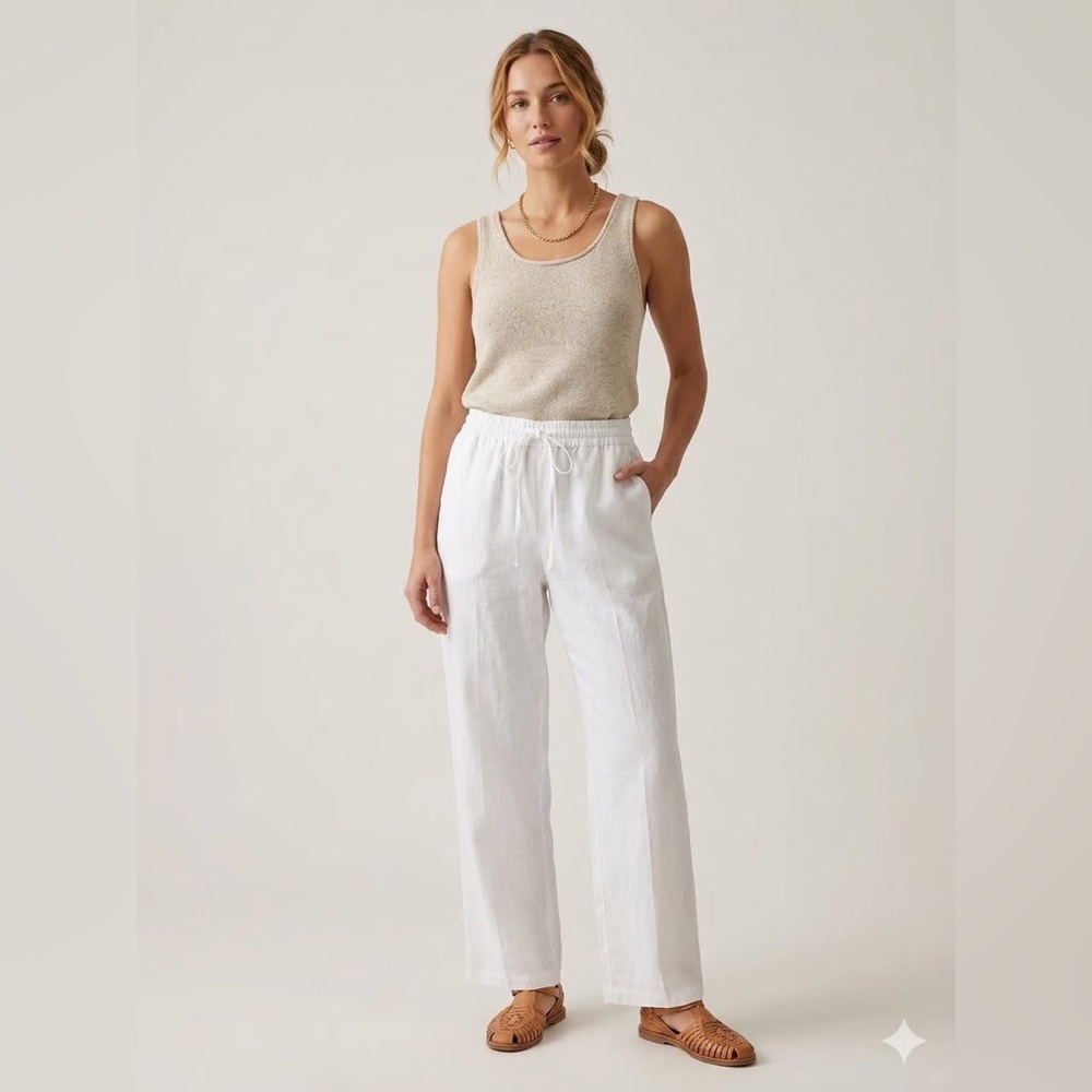 Women 3XL White‎ Linen Wide Leg Pull On Waist Pants Casual Pockets Coastal